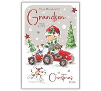 Jonny Javelin Christmas Card for Grandson - Cute Boy, Tractor and Dogs Design - Embossed Foil and Flitter Finish - Festive Christmas Greeting Card for a Wonderful Grandson - For Boys