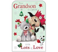 Grandson Christmas Card - Special Grandson - Dog and Reindeer - Festive Design - Special Finishes and Illustrated Insert Leaf - Made in the UK