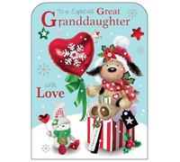 Jonny Javelin Christmas Card for Great Granddaughter - Cute Dog & Balloon Design - Foil & Flitter Finish - Premium Quality Special Christmas Greeting Card with Envelope