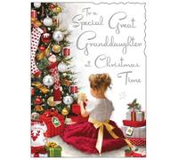 Jonny Javelin Christmas Card for Great Granddaughter - Girl & Festive Tree - Foil & Flitter Finish - Premium Quality Special Christmas Greeting Card with Envelope