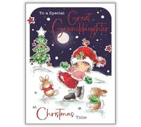 Jonny Javelin Christmas Card for Great Granddaughter - Ice Skating Girl with Rabbits Design - Foil and Flitter Finish - Festive Christmas Greeting Card for a Special Great Granddaughter - For Girls