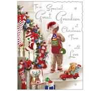 Jonny Javelin Christmas Card for Great Grandson - Boy & Festive Stocking - Foil & Flitter Finish - Premium Quality Special Christmas Greeting Card with Envelope