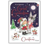 Jonny Javelin Christmas Card for Great Grandson - Cute Boy and Donkey Design - Foil and Flitter Finish - Festive Christmas Greeting Card for a Special Great Grandson - For Boys