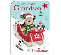 Jonny Javelin Christmas Card for Great Grandson - Cute Dog Sledging Design - Foil & Flitter Finish - Premium Quality Special Christmas Greeting Card with Envelope