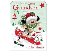 Jonny Javelin Christmas Card for Great Grandson - Snowboarding Dog - Embossed Foil Finish - Festive Christmas Greeting Card for a Special Great Grandson - For Boys