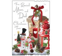 Jonny Javelin Christmas Card for Mum and Dad - Festive Lantern and Snowmen Design - Embossed Foil and Flitter Finish - Artistic Christmas Greeting Card for a Special Couple