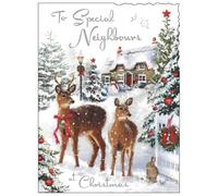 Jonny Javelin Christmas Card for Neighbours - Festive Deer Snow Scene - Foil & Flitter Finish - Premium Quality Special Christmas Greeting Card with Envelope