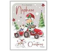 Jonny Javelin Christmas Card for Nephew - Cute Boy, Tractor and Dogs Design - Embossed Foil and Flitter Finish - Festive Christmas Greeting Card for a Special Nephew - For Boys