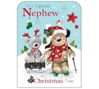 Jonny Javelin Christmas Card for Nephew - Cute Dog Sledging Design - Foil & Flitter Finish - Premium Quality Special Christmas Greeting Card with Envelope