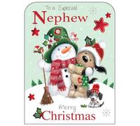 Nephew Christmas Card - Special Nephew - Dog and Snowman - Festive Design - Special Finishes and Illustrated Insert Leaf - Made in the UK