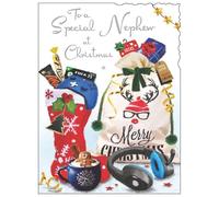 Jonny Javelin Christmas Card for Nephew - Festive Stocking - Foil & Flitter Finish - Premium Quality Special Christmas Greeting Card with Envelope