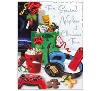 Jonny Javelin Christmas Card for Nephew - Gaming and Hot Chocolate Design - Foil and Flitter Finish - Festive Christmas Greeting Card for a Special Nephew - For Him