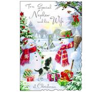 Jonny Javelin Christmas Card for Nephew & his Wife - Festive Snowman & Puppy - Embossed Foil & Flitter Finish - Premium Special Christmas Greeting Card with Envelope