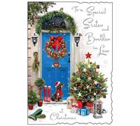 Sister and Brother-in-Law Christmas Card - Festive Front Door and Dachshund - Artistic Dog Design - Special Finishes and Illustrated Insert Leaf - Made in the UK