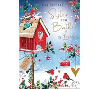 Jonny Javelin Christmas Card for Sister & Brother in Law - Festive Birdhouse & Robins - Embossed Foil & Flitter Finish - Premium Quality Christmas Greeting Card with Envelope