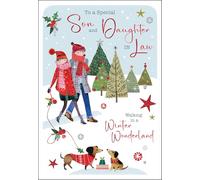 Jonny Javelin Christmas Card for Son & Daughter in Law - Festive Dogs in Snow - Embossed Foil & Flitter Finish - Premium Quality Special Christmas Greeting Card with Envelope