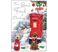 Jonny Javelin Christmas Card for Special Friend - Festive Dogs & Post Box - Embossed Foil & Flitter Finish - Premium Quality Special Christmas Greeting Card with Envelope