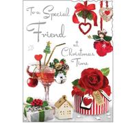 Jonny Javelin Christmas Card for Special Friend - Festive Drinks & Presents Design - Foil & Flitter Finish - Premium Quality Special Christmas Greeting Card with Envelope