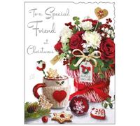 Special Friend Christmas Card - Winter Flowers and Hot Chocolate - Artistic Festive Design - Special Finishes and Illustrated Insert Leaf - Made in the UK