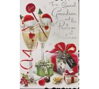Jonny Javelin Christmas Card for Special Grandson and Partner, Luxury Glitter Design with Champagne Glasses, Presents, Festive Decorations