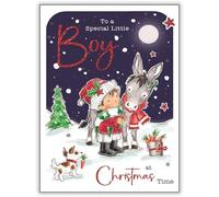 Jonny Javelin Christmas Card for Special Little Boy - Cute Boy and Donkey Design - Foil and Flitter Finish - Festive Christmas Greeting Card for Him