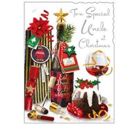 Uncle Christmas Card - Special Uncle - Festive Food and Drinks - Artistic Design - Special Finishes and Illustrated Insert Leaf - Made in the UK