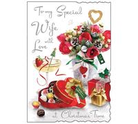Jonny Javelin Christmas Card for Wife - Floral Bouquet and Chocolates Design - Embossed Foil and Flitter Finish - Festive Christmas Greeting Card for a Special Wife - For Her