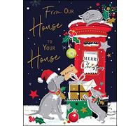 Jonny Javelin Christmas Card 'From Our House To Your House' - Festive Dog, Cat & Postbox in the Snow - Special Finish - Premium Quality Christmas Greeting Card with Envelope