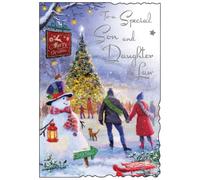 Jonny Javelin Christmas Card To a Special Son and Daughter In Law | Snowman & Ice Skaters, Heartfelt Verse, Embossed Foil & Flitter Finish, Die-Cut Edge, Illustrated Insert Leaf, Made in the UK