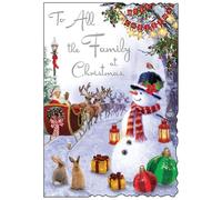 Jonny Javelin Christmas Card to All The Family - Festive Snowman & Santa Winter Scene - Embossed Foil & Flitter Finish - Premium Quality Christmas Greeting Card with Envelope