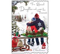 Jonny Javelin Christmas Greeting Card - 'Special Daughter and Fiancé' - Festive Cuddle In The Snow - Cut Out Edge