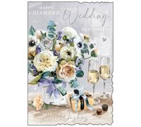 Jonny Javelin Congratulations On Your Diamond Wedding Anniversary Card - 60 Years - Elegant Floral Bouquet & Champagne Design - Embossed Foil Finish - Premium Greeting Card with Envelope
