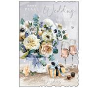 Jonny Javelin Congratulations On Your Pearl Wedding Anniversary Card - 30 Years - Elegant Floral Bouquet & Champagne Design - Embossed Foil Finish - Premium Greeting Card with Envelope