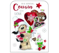 Jonny Javelin Cousin Christmas Card - Christmas Cards with Dog and Love Heart Sweets Design with Special Finishes - Single Xmas Cards with Envelope