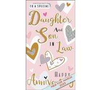 Jonny Javelin Daughter and Son-in-Law Anniversary Card - Pastel Love Hearts Embossed with Foil and Flitter Details