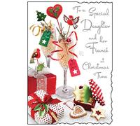 Jonny Javelin Daughter & Fiancé Christmas Card - Champagne Glasses with Glitter & Foil 9"x6.25"