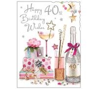 Jonny Javelin Female 40th Milestone Birthday Card - Age 40 - Champagne and Presents with Foil and Flitter Details
