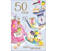 Jonny Javelin Female 50th Birthday Card - Happy Birthday Card Age 50 with Baking and Cake Design and Embossed Foil Details - Birthday Card for Women