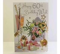 Jonny Javelin Female Age 60 60th Birthday Wishes Card - Champagne Present Cupcake Flowers