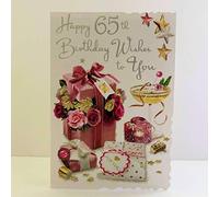 Jonny Javelin Female Age 65 65th Birthday Wishes Card - Champagne Present Cupcake Flowers