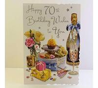Jonny Javelin Female Age 70 70th Birthday Wishes to You Card - Champagne Present Cupcake Flowers
