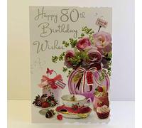 Jonny Javelin Female Age 80 80th Birthday Wishes to You Card - Tea Cup Strawberry Cupcake Flowers