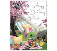 Jonny Javelin Female Birthday Card - Happy Birthday Card with Cherry Blossom Picnic and Hammock Design and an Embossed Foil Finish - Birthday Card for Women or Girls