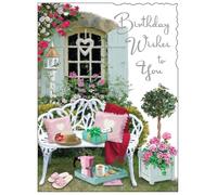 Jonny Javelin Female Birthday Card - Happy Birthday Card with Floral Garden Bench Design and an Embossed Foil Finish - Birthday Card for Women