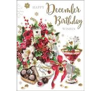 Jonny Javelin Female Open December Birthday 'Happy Birthday' Greeting Card - From the Mistletoe Range - With A Gold Foil And red Flitter Finish