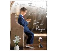Jonny Javelin First Holy Communion Congratulations Card for Boys - Communion Congratulations Card with Artistic Boy in Church Design and Embossed Foil Details