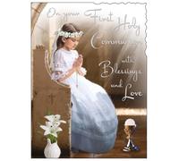 Jonny Javelin First Holy Communion Congratulations Card for Girls - Communion Congratulations Card with Artistic Girl in Church Design and Embossed Foil Details
