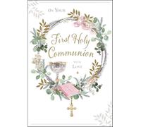 Jonny Javelin First Holy Communion Congratulations Card for Girls or Women - Female Communion Congratulations Card with Artistic Chalice, Bible and Wreath Design and Embossed Foil Details