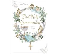 Jonny Javelin First Holy Communion Congratulations Card for Men or Boys - Communion Congratulations Card with Artistic Chalice, Bible and Wreath Design and Embossed Foil Details