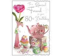 Jonny Javelin Friend 80th Birthday Card, Teapot, Cakes & Flower | Sentimental Poem, Embossed Foil Finish, Illustrated Insert, Die Cut Edge, Made in the UK